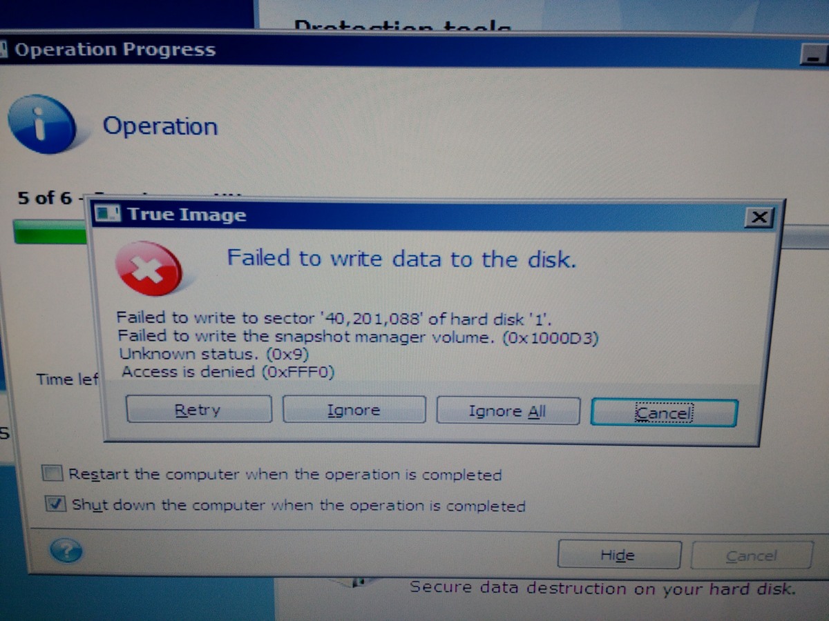 Acronis failed to write data to disk message