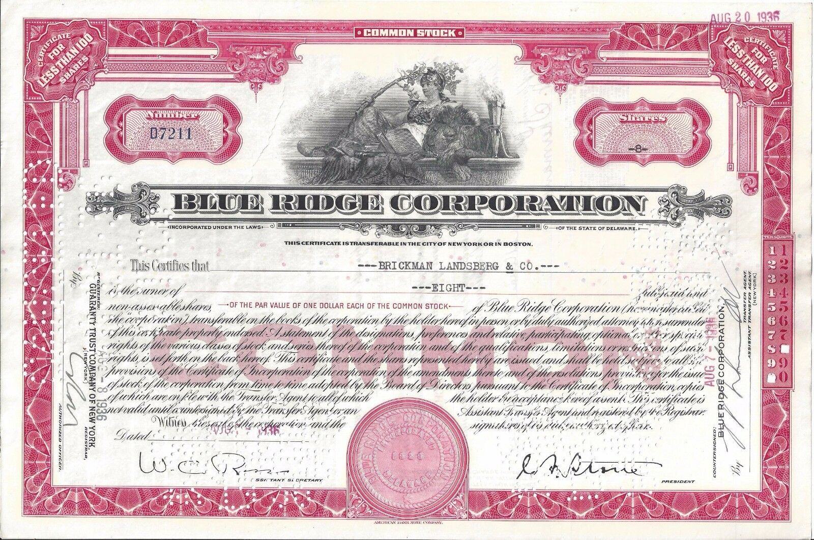 Blue Ridge Corporation Stock Certificate 