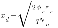 x_d = sqrt {{2 phi_s varepsilon_s}/{qN_a}} x_d = sqrt {{2 phi_s varepsilon_s}/{qN_a}}