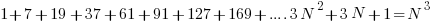 1 + 7 + 19 + 37 + 61 + 91 + 127 + 169 + .... 3N^2 + 3N + 1 = N^3 1 + 7 + 19 + 37 + 61 + 91 + 127 + 169 + .... 3N^2 + 3N + 1 = N^3