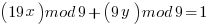 (19x) mod 9 + (9y) mod 9 = 1 