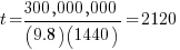 t ={300,000,000}/{(9.8)(1440)}=2120