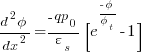 {{d^2{phi}}/dx^2} = {{-qp_0}/{varepsilon_s}} {[e^{{-phi}/{phi_t}}-1]}